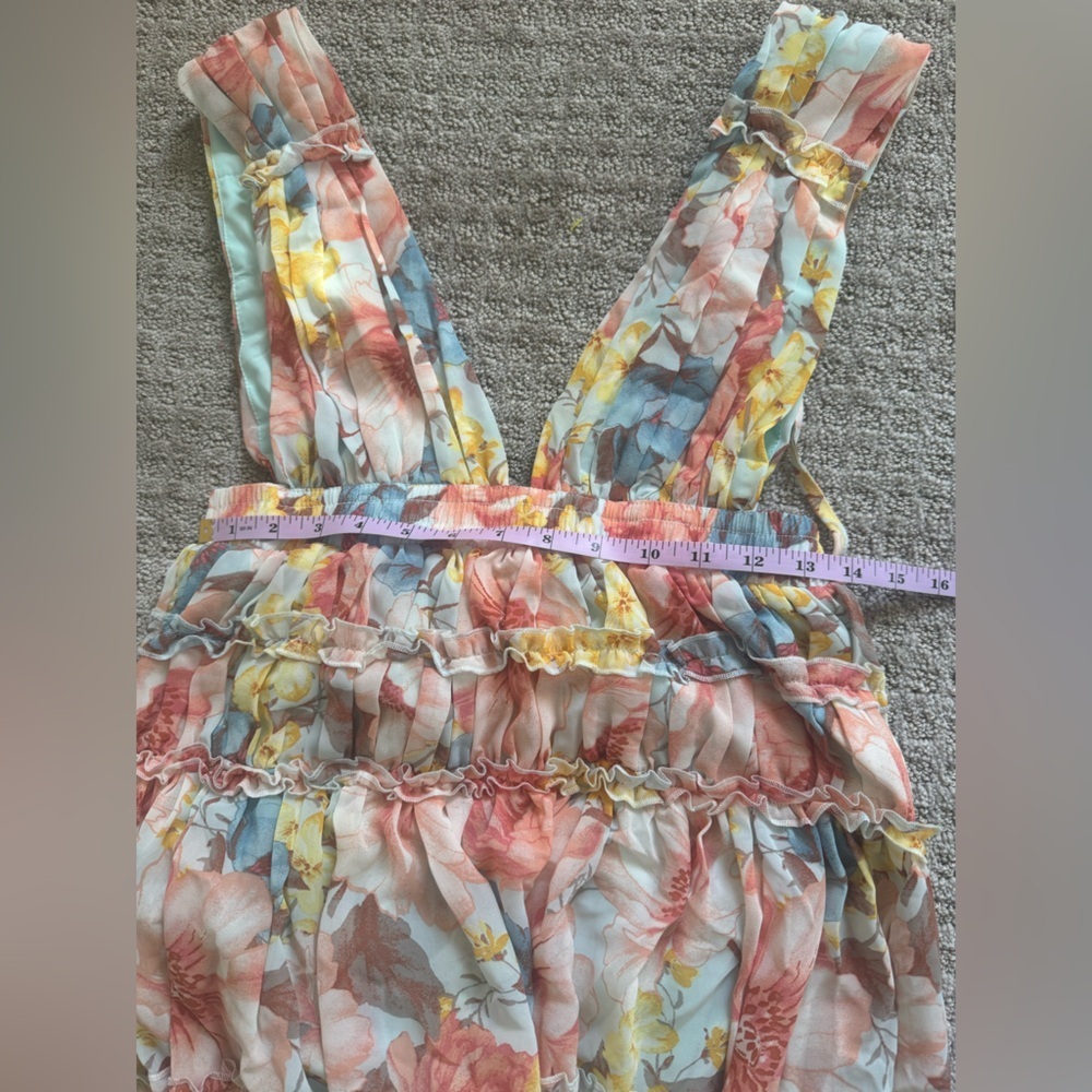 Forever 21 Floral Maxi Dress Small Tiered Ruffle Boho Pastel Sleeveless size S - Picture 9 of 10